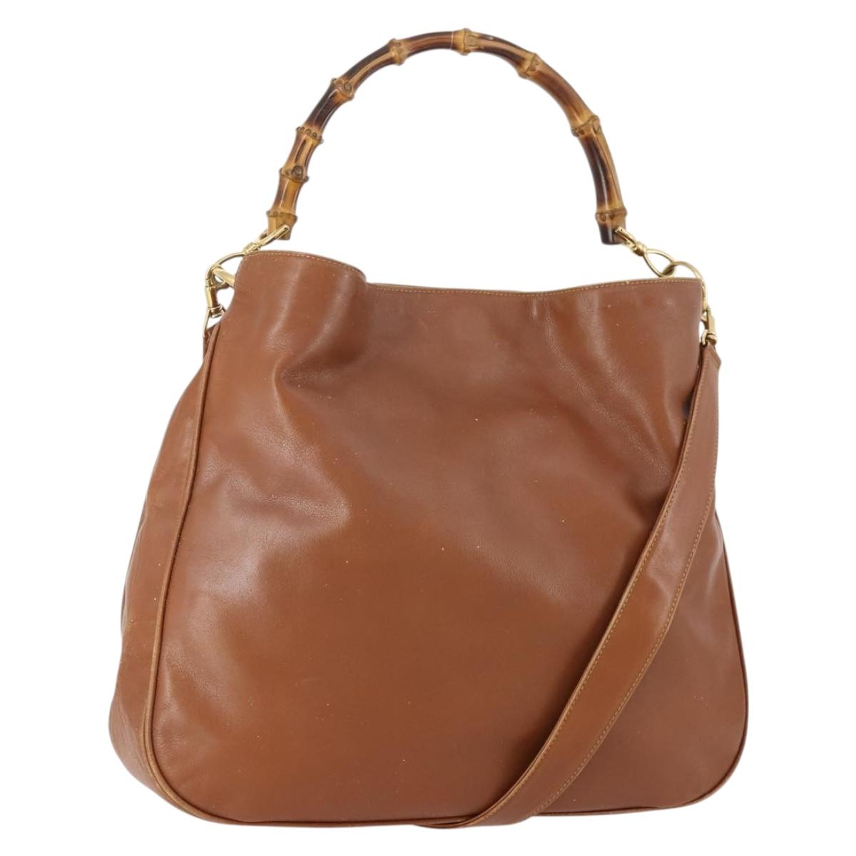 GUCCI Bamboo Shoulder Bag Leather 2way Brown Gold Auth BAZ155