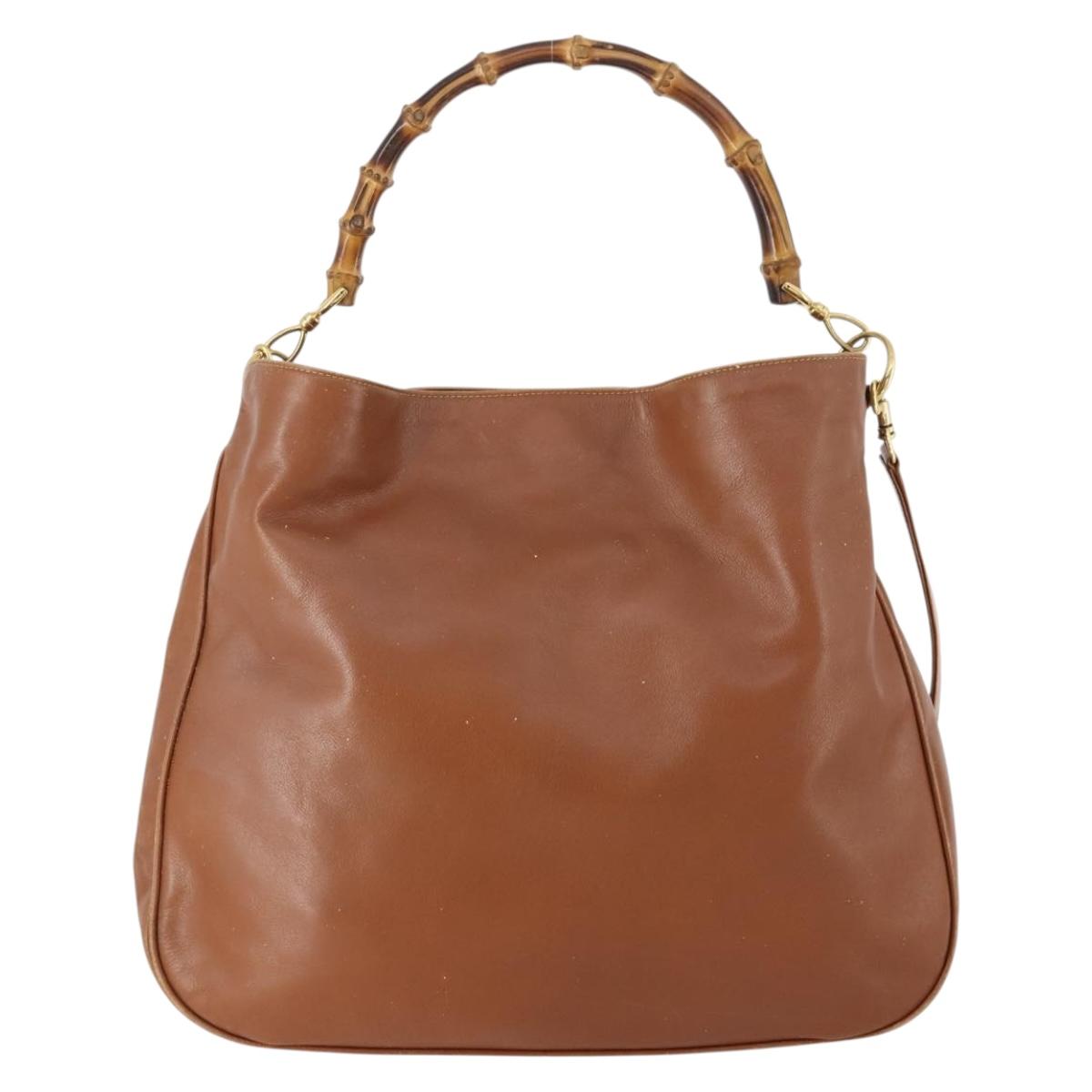 GUCCI Bamboo Shoulder Bag Leather 2way Brown Gold Auth BAZ155