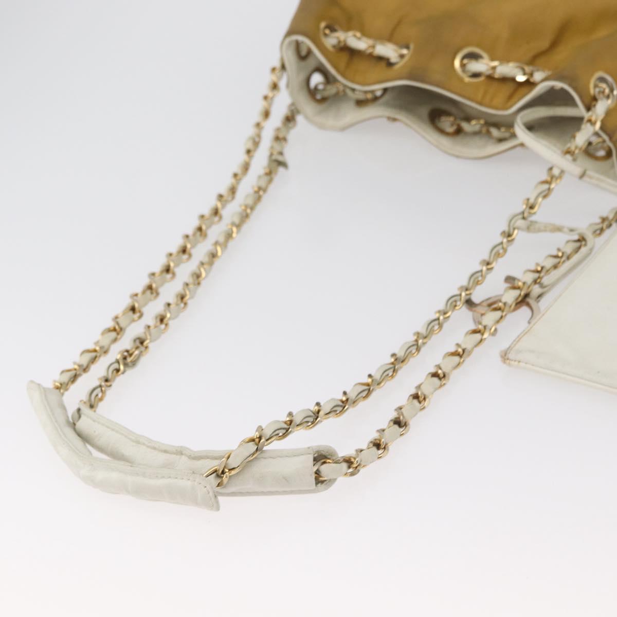 CHANEL Matelasse Drawstring Chain Shoulder Bag Leather Beige Gold CC Auth BAZ157