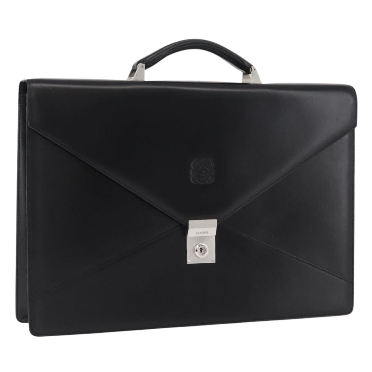 LOEWE Business Bag Leather Black Silver Auth BAZ175