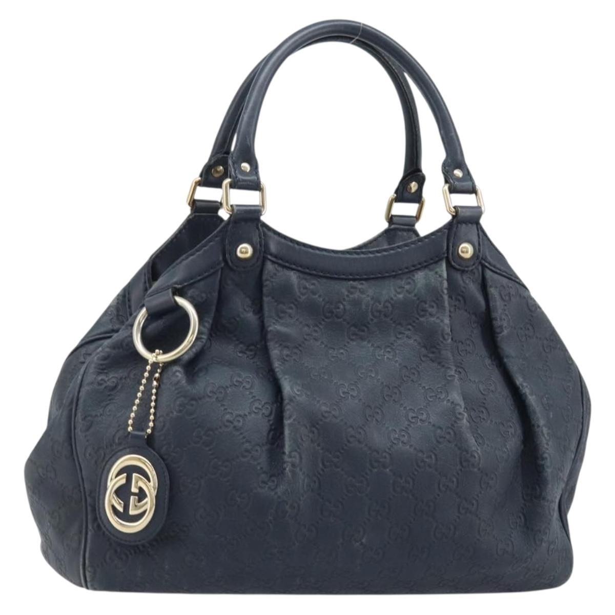 GUCCI GG Canvas Guccissima Sukey Hand Bag Leather Navy Gold 211944 Auth BAZ176