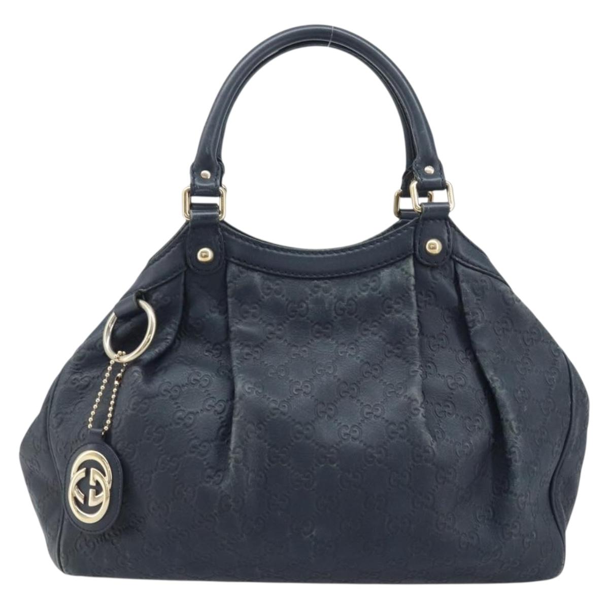 GUCCI GG Canvas Guccissima Sukey Hand Bag Leather Navy Gold 211944 Auth BAZ176