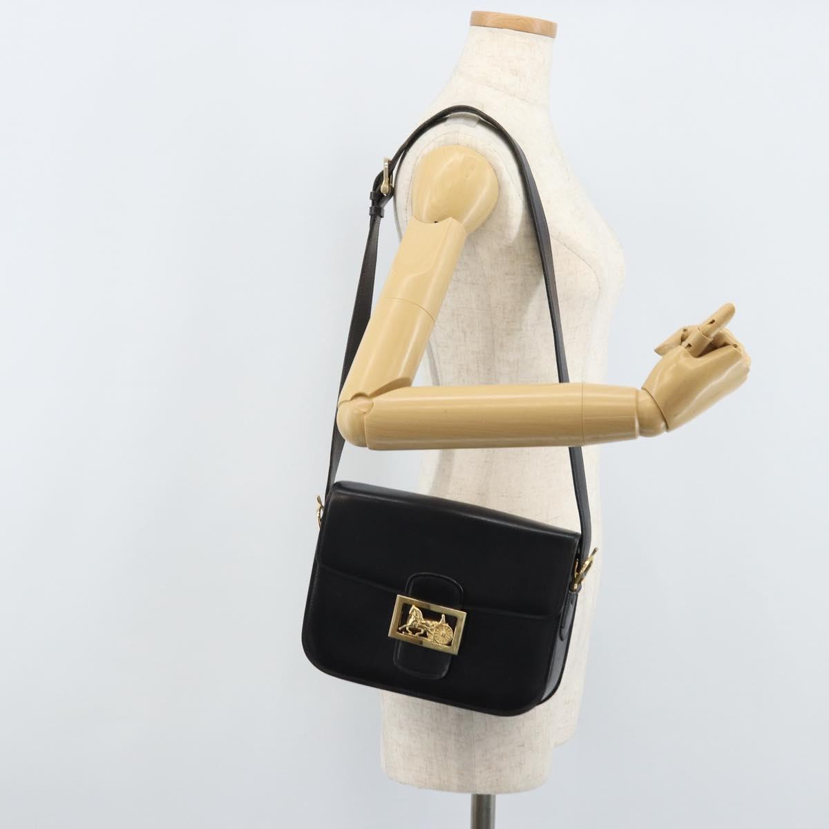 CELINE Horse Carriage Shoulder Bag Leather Black Gold Auth BAZ181