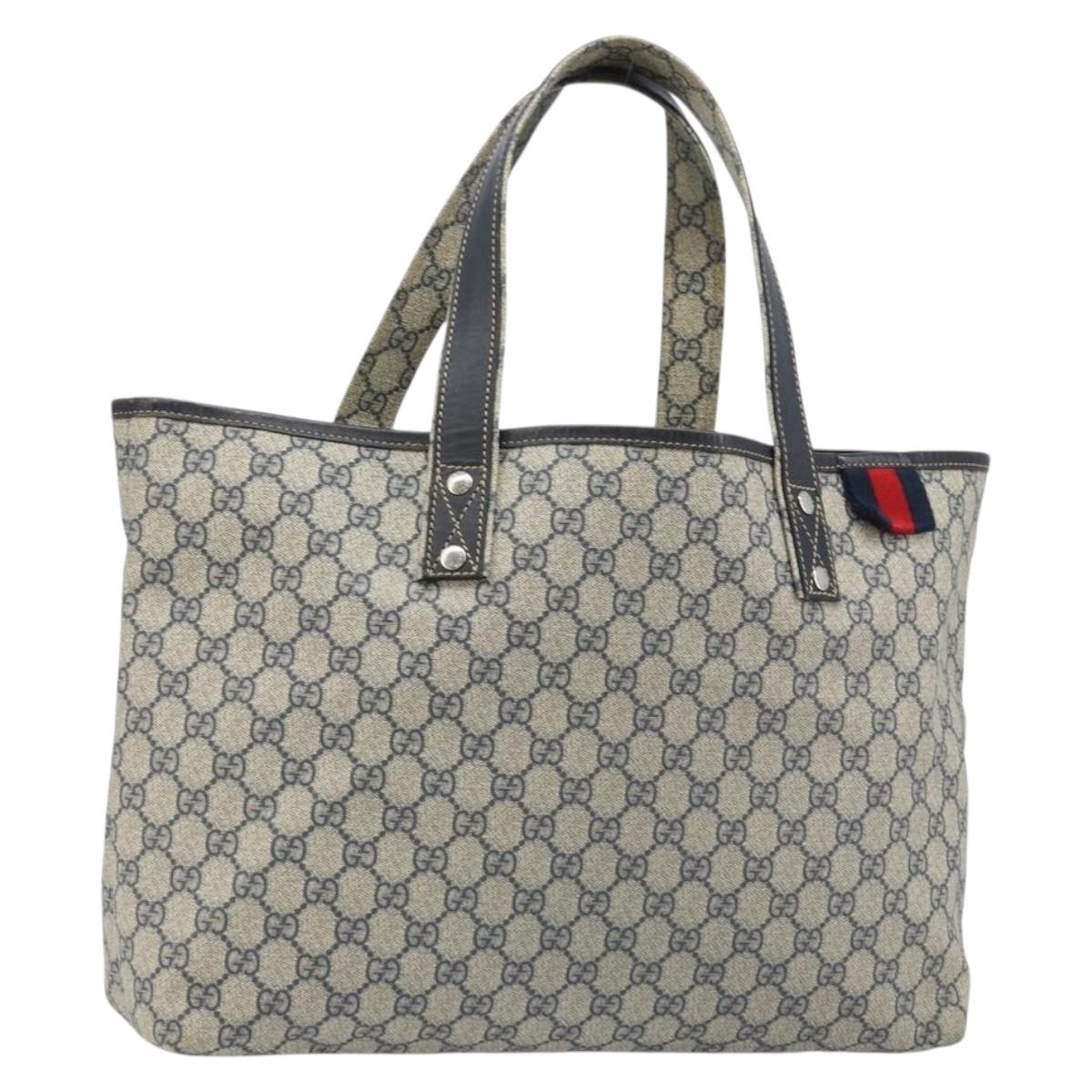 GUCCI GG Supreme Sherry Line Tote Bag PVC Navy Silver 211134 Auth BAZ208