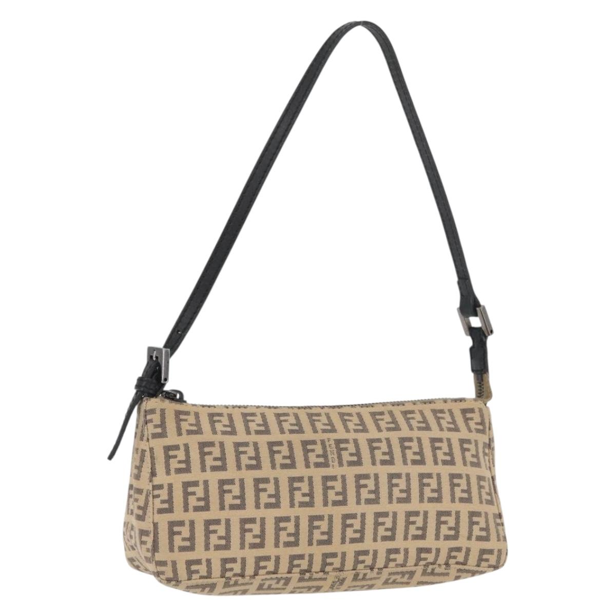 FENDI Zucchino Canvas Shoulder Bag Beige Gold Auth BAZ211A