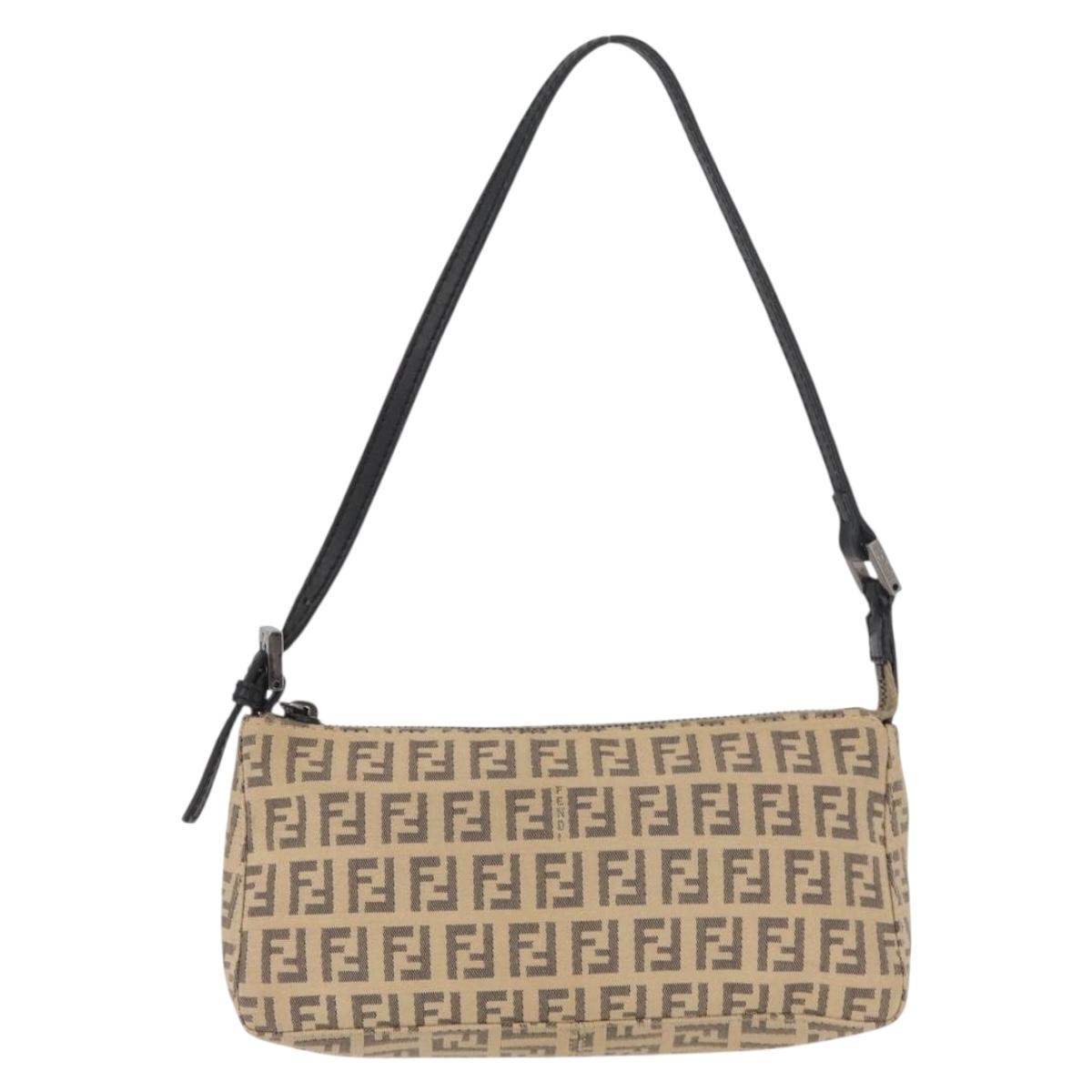 FENDI Zucchino Canvas Shoulder Bag Beige Gold Auth BAZ211A