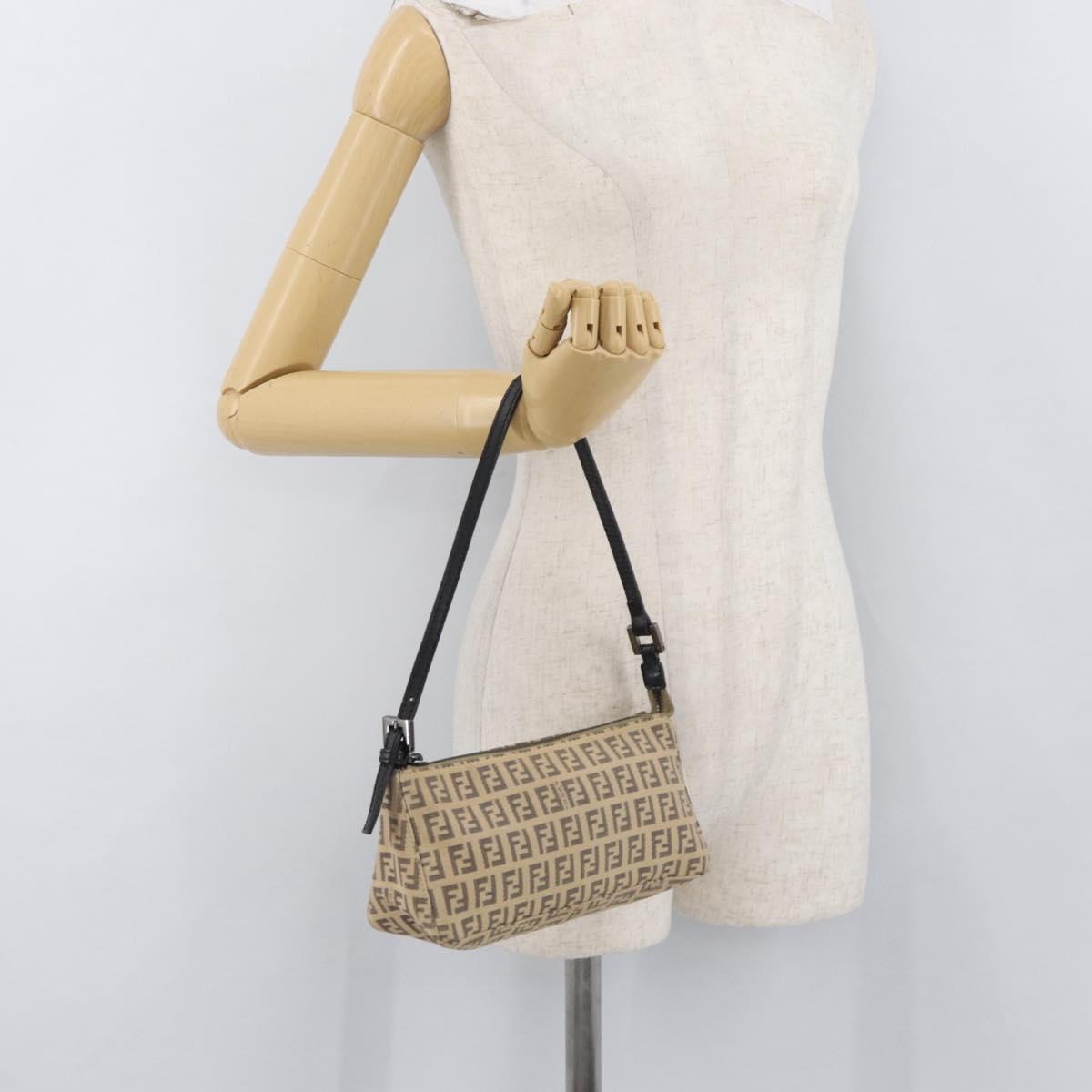 FENDI Zucchino Canvas Shoulder Bag Beige Gold Auth BAZ211A