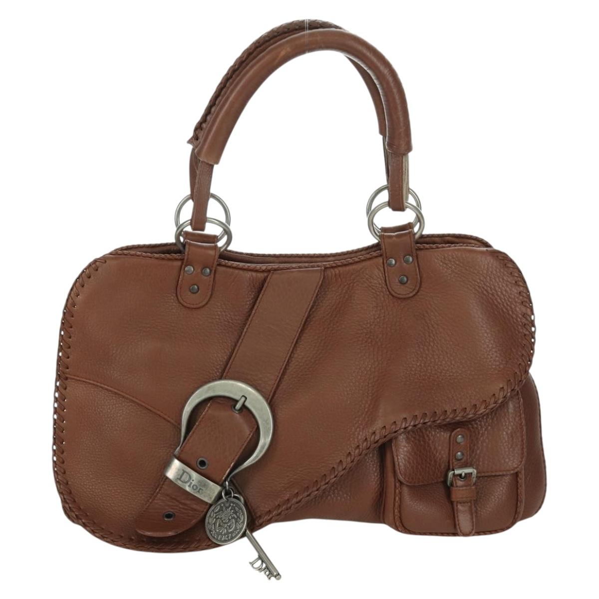Christian Dior Gaucho Saddle Hand Bag Leather Brown Silver Auth BAZ225SAV