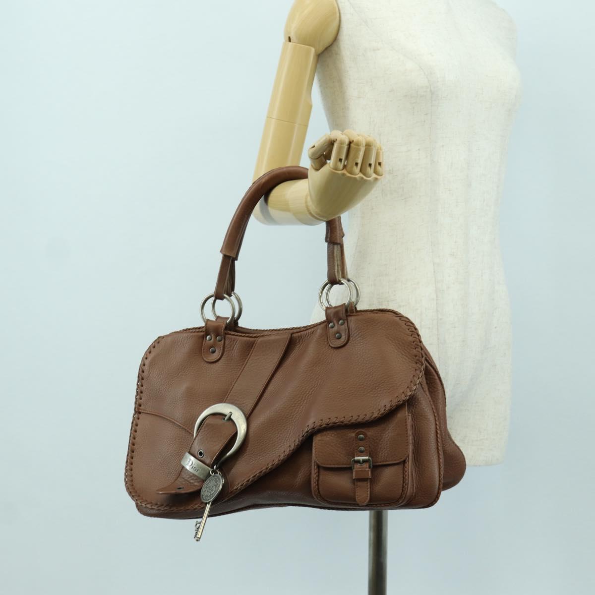 Christian Dior Gaucho Saddle Hand Bag Leather Brown Silver Auth BAZ225SAV
