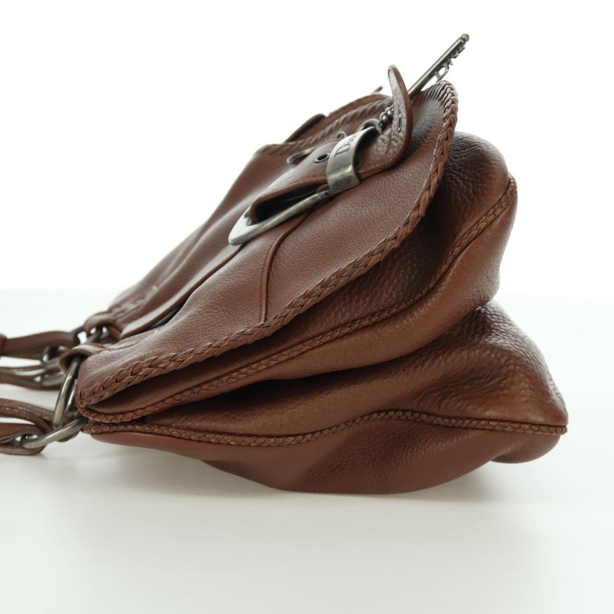 Christian Dior Gaucho Saddle Hand Bag Leather Brown Silver Auth BAZ225SAV