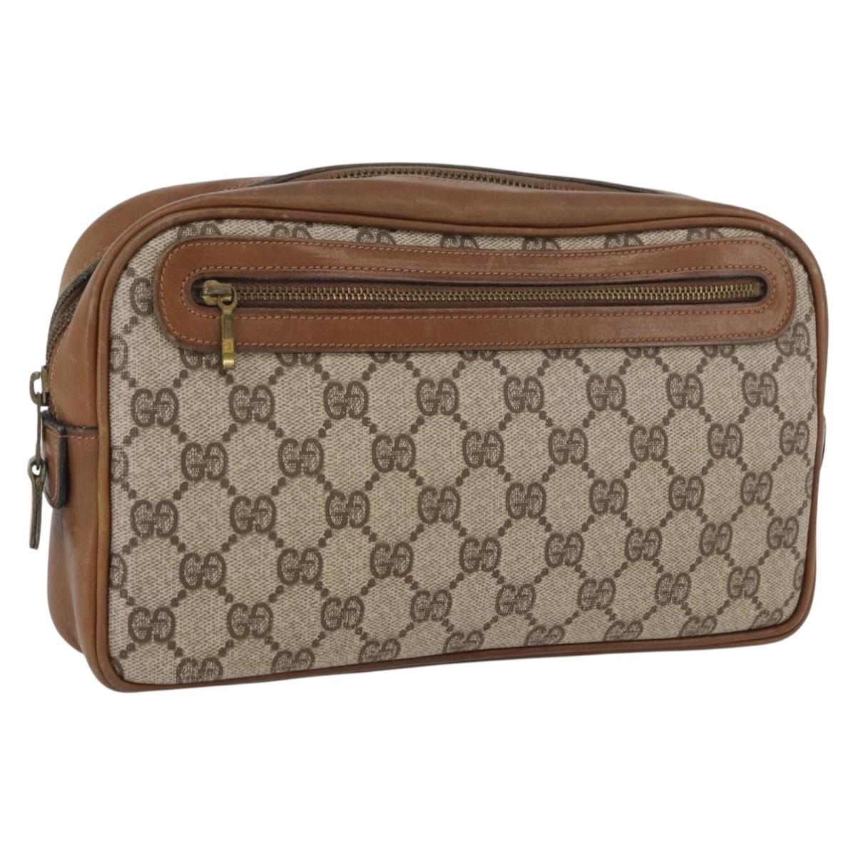 GUCCI GG Supreme Clutch Bag PVC Beige Gold Auth BAZ247A