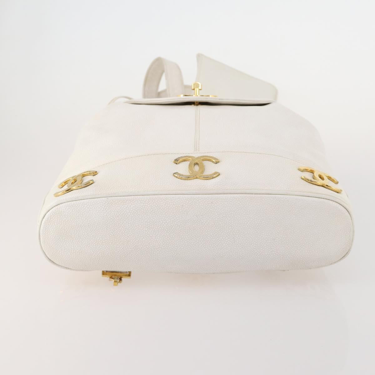 CHANEL Triple Coco Backpack Caviar Skin White Gold CC Auth BAZ250A