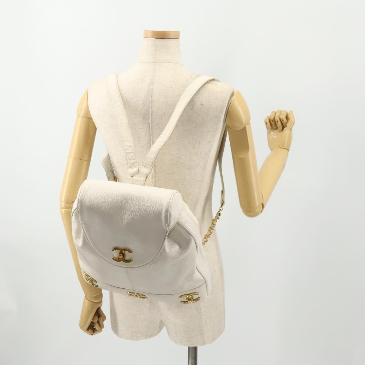 CHANEL Triple Coco Backpack Caviar Skin White Gold CC Auth BAZ250A