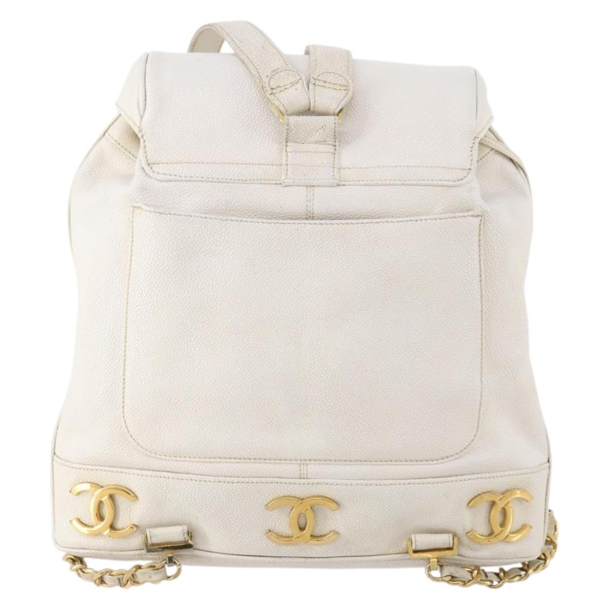 CHANEL Triple Coco Backpack Caviar Skin White Gold CC Auth BAZ250A