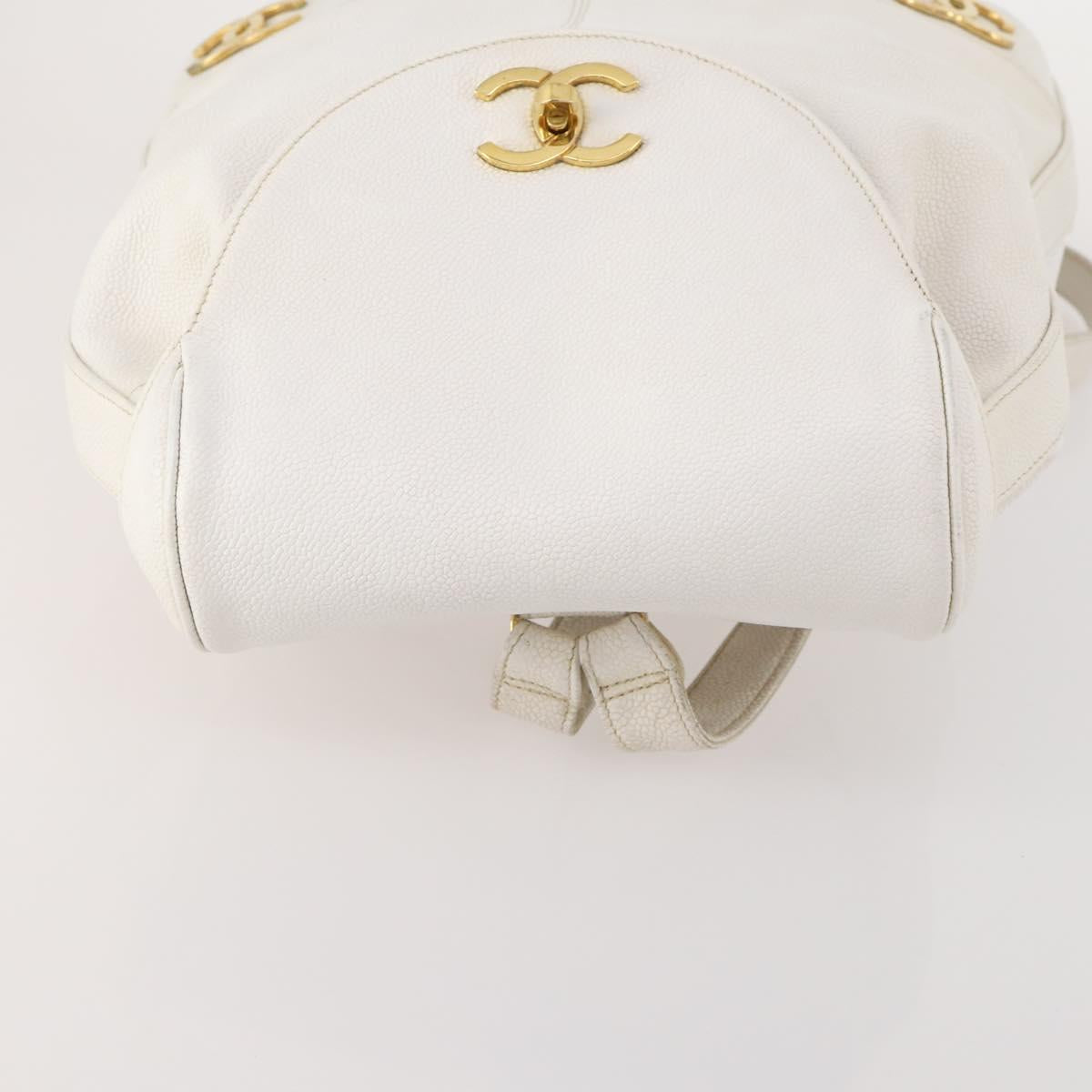 CHANEL Triple Coco Backpack Caviar Skin White Gold CC Auth BAZ250A