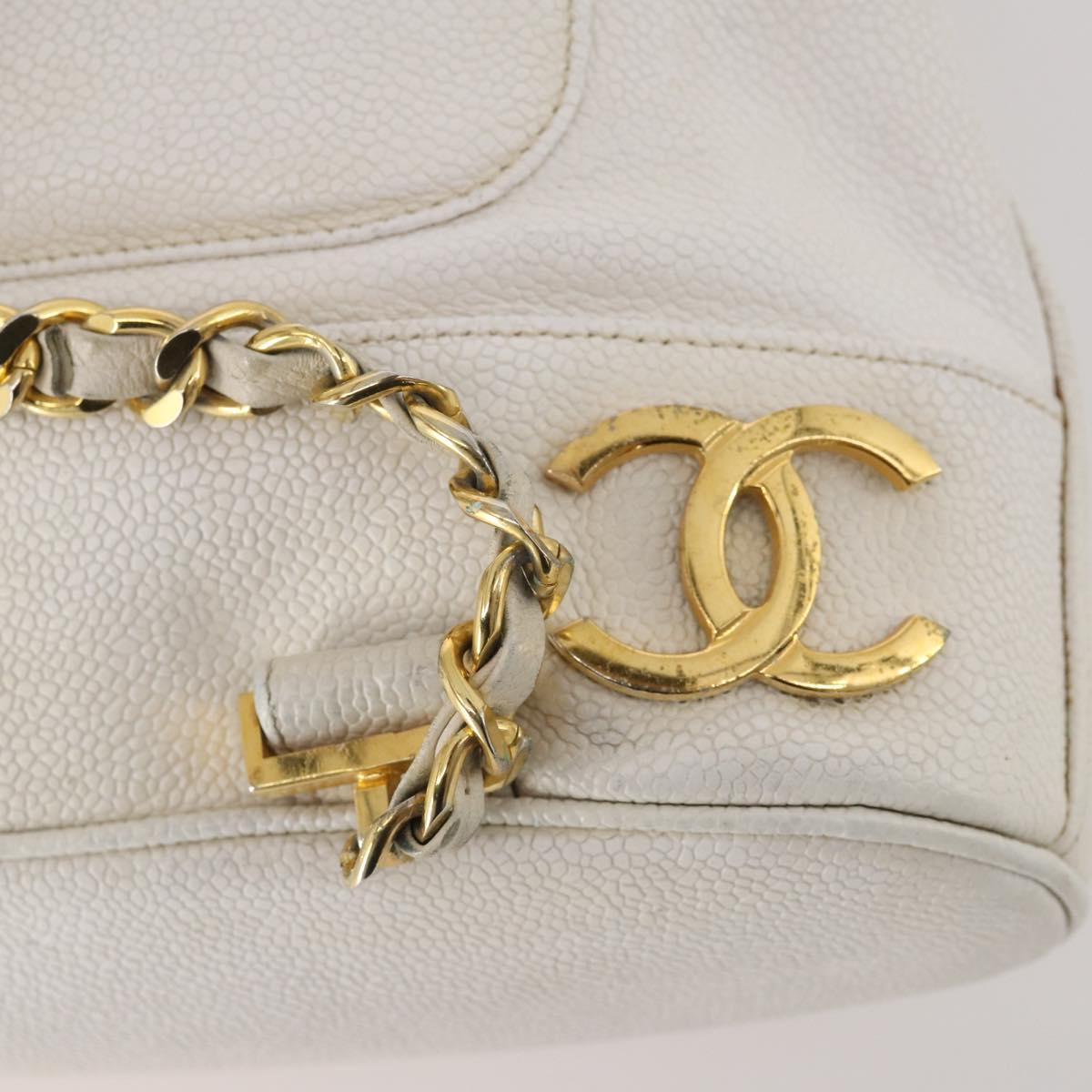 CHANEL Triple Coco Backpack Caviar Skin White Gold CC Auth BAZ250A