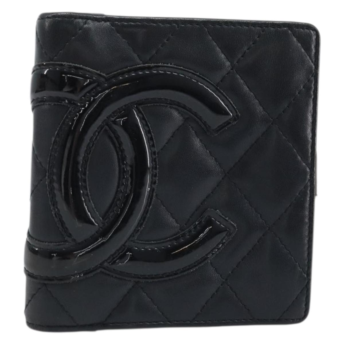 CHANEL Matelasse Cambon Line Bifold Wallet Leather Black Silver CC Auth BAZ259A