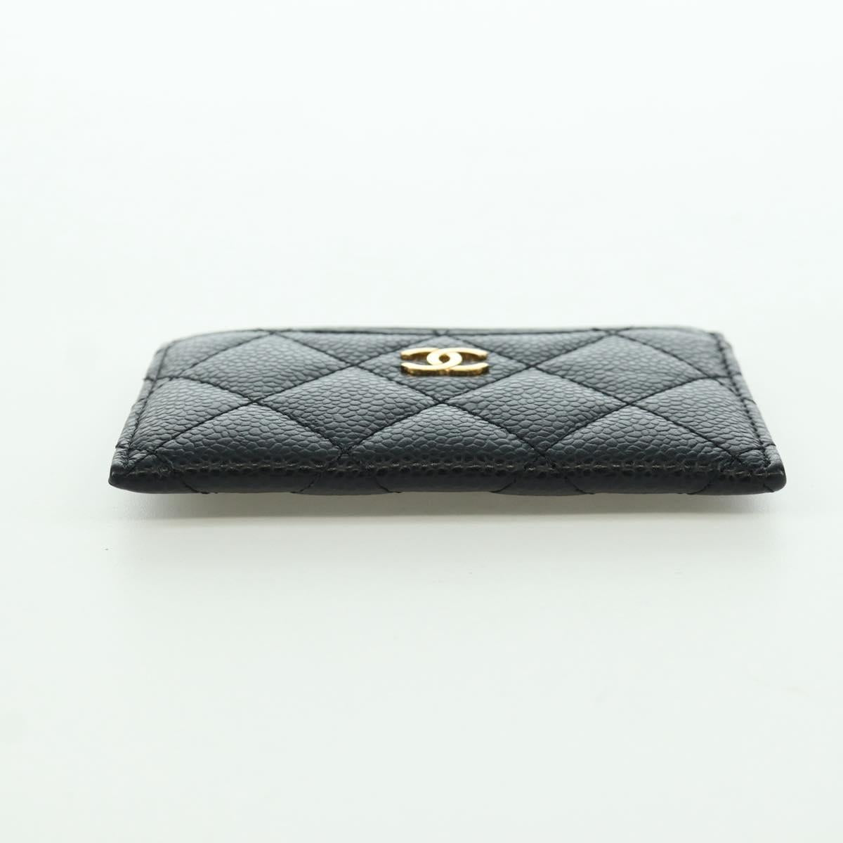 CHANEL Matelasse Card Case Caviar Skin Black Gold CC Auth BAZ272M