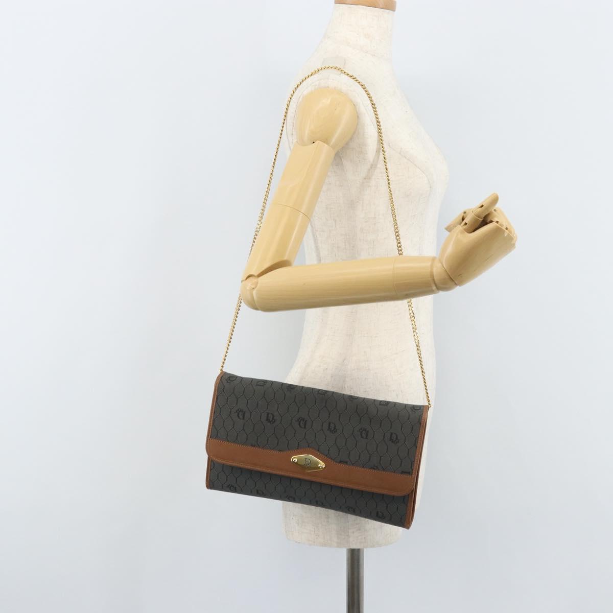 Christian Dior Honeycomb Canvas Chain Shoulder Bag PVC Gray Gold Auth BAZ279
