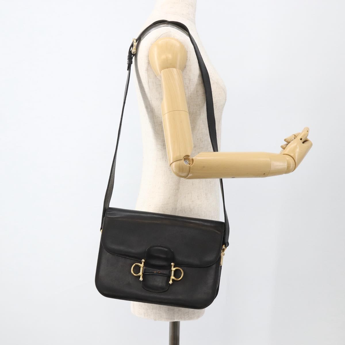 CELINE Shoulder Bag Leather Black Gold Auth BAZ288