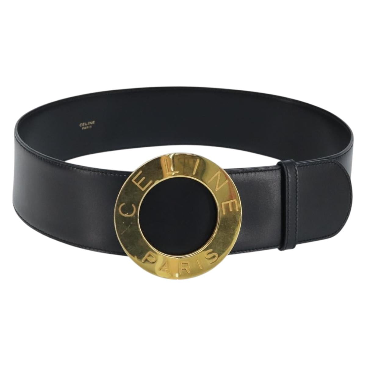 CELINE Circle Belt Leather 34.3"" Black Gold Auth BAZ290A
