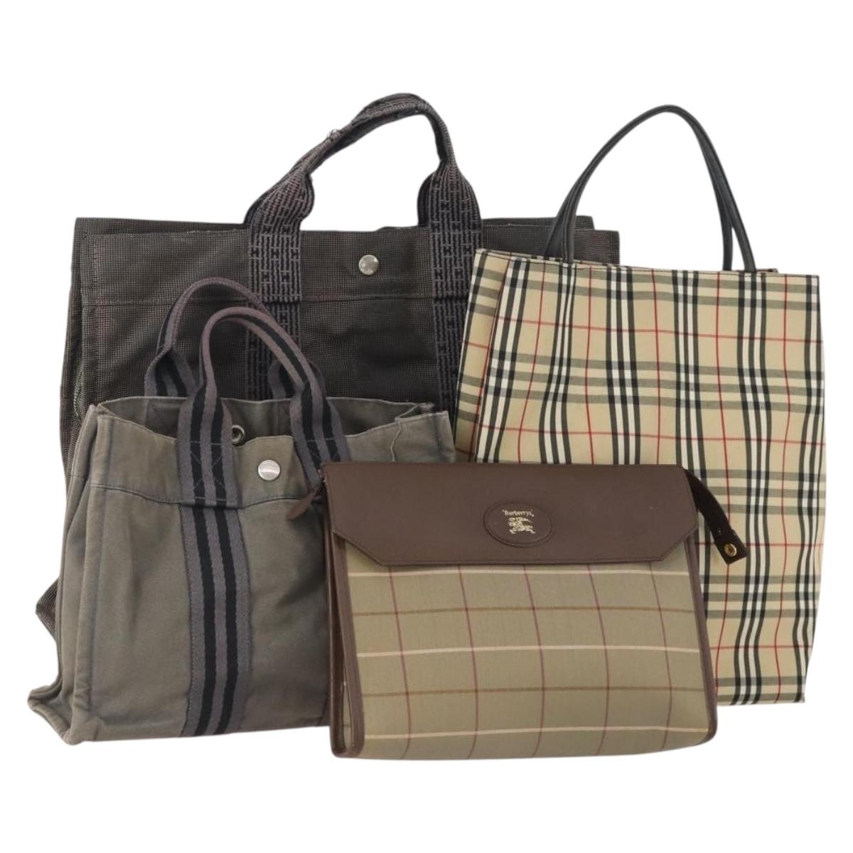 Burberrys Hermes Nova Check Hand Bag Canvas nylon 4 Set Beige Gray Auth BAZ311