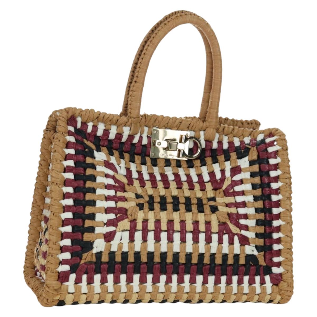 Salvatore Ferragamo Gancini Studio bag Hand Bag Straw Beige Gold Auth BAZ404V