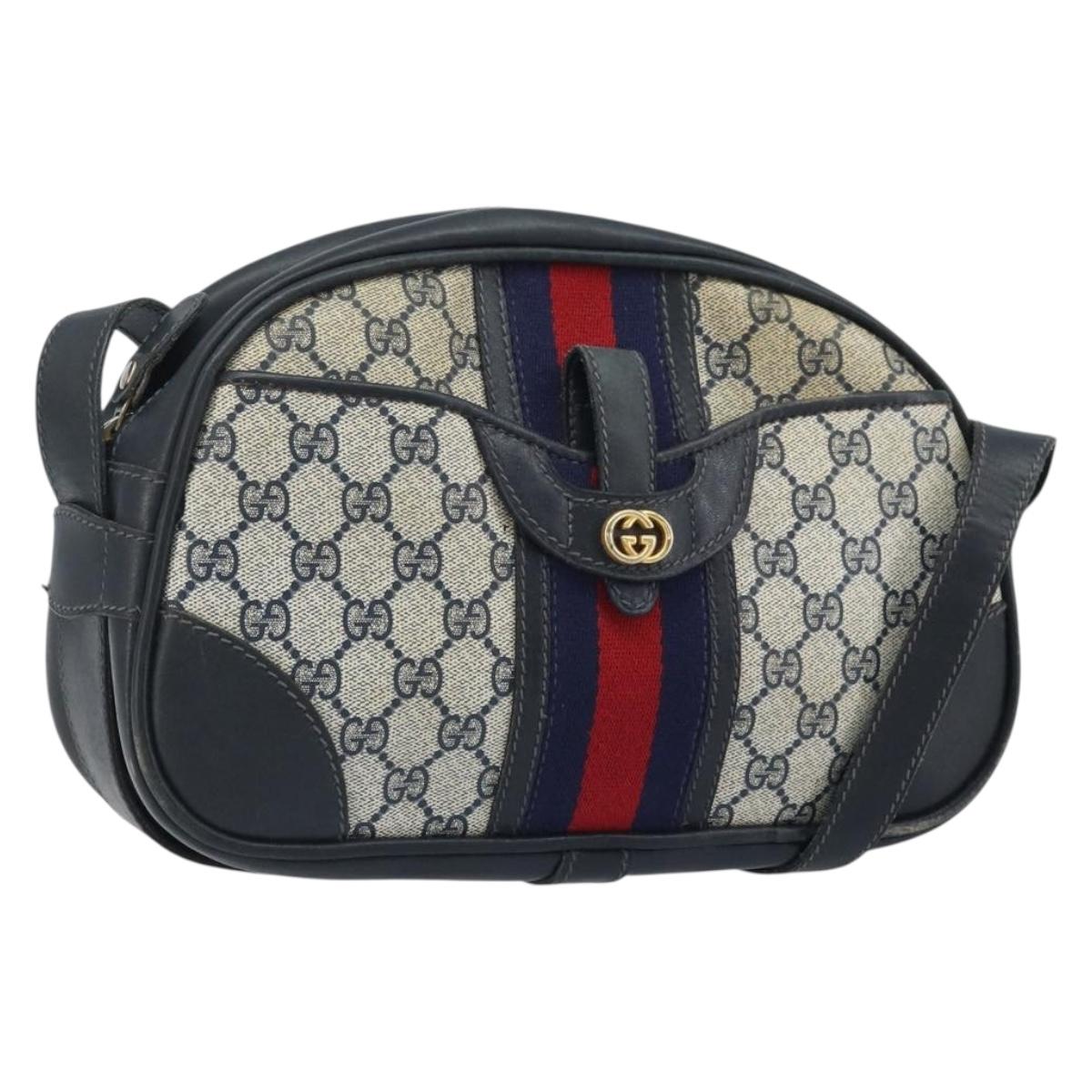 GUCCI GG Supreme Sherry Line Shoulder Bag PVC Navy Gold Auth BAZ417
