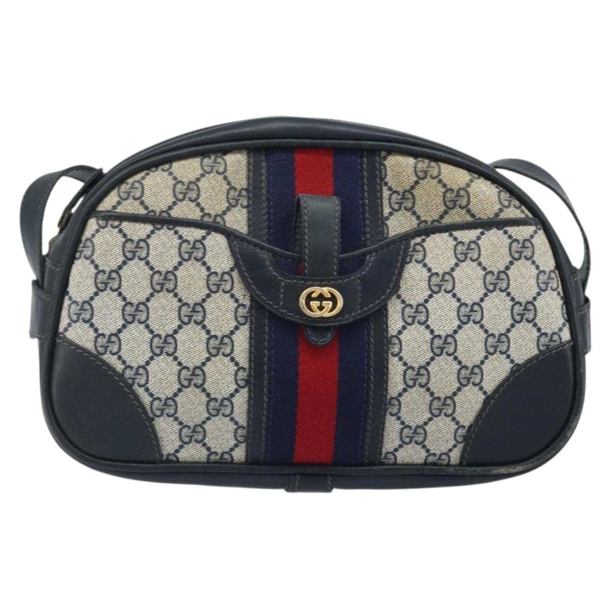 GUCCI GG Supreme Sherry Line Shoulder Bag PVC Navy Gold Auth BAZ417