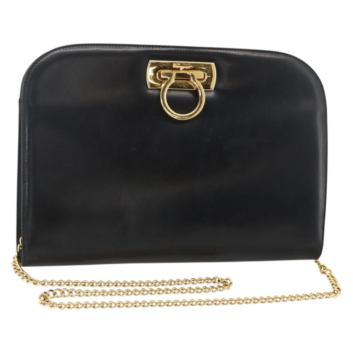 Salvatore Ferragamo Gancini Chain Shoulder Bag Leather Black Gold Auth BAZ418