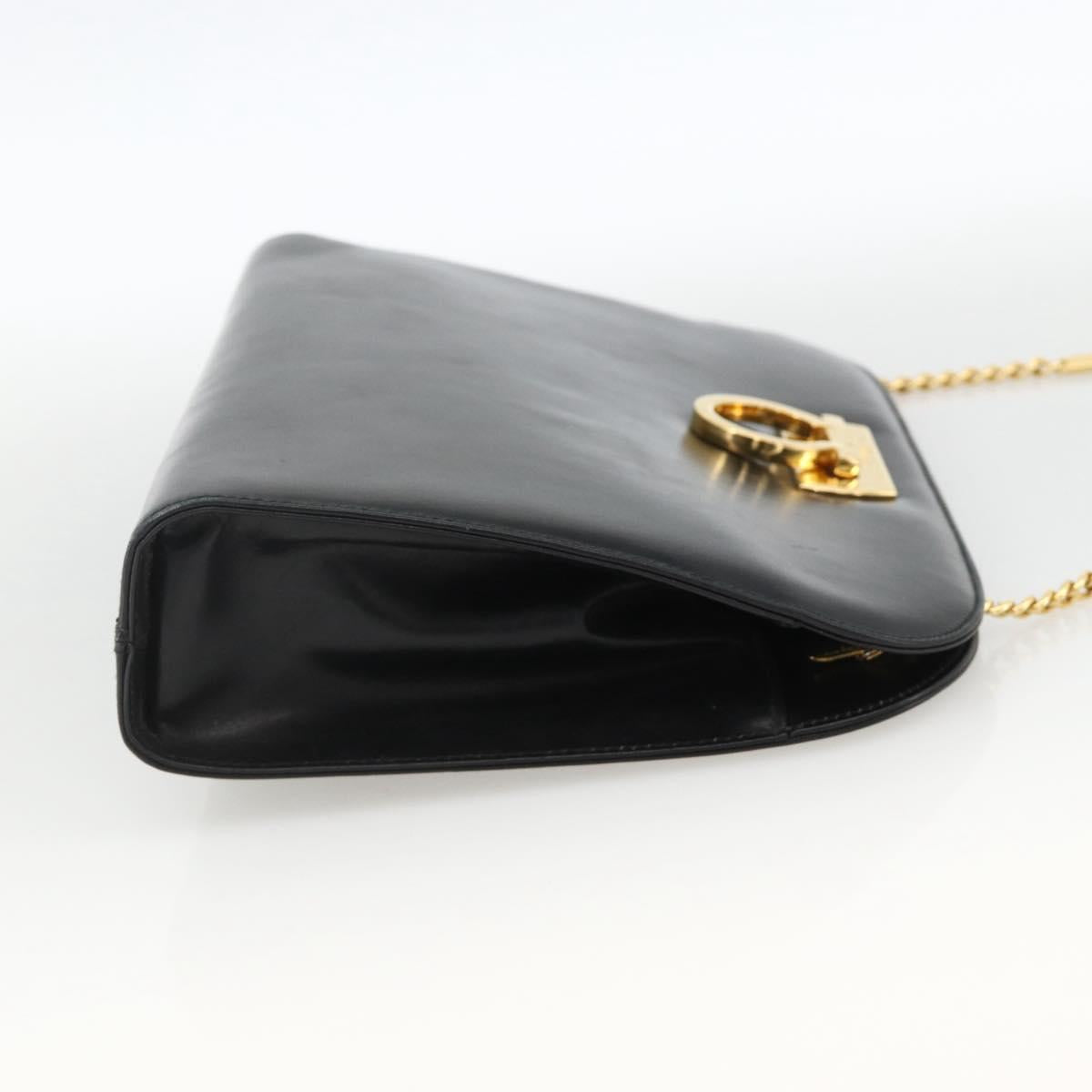 Salvatore Ferragamo Gancini Chain Shoulder Bag Leather Black Gold Auth BAZ418