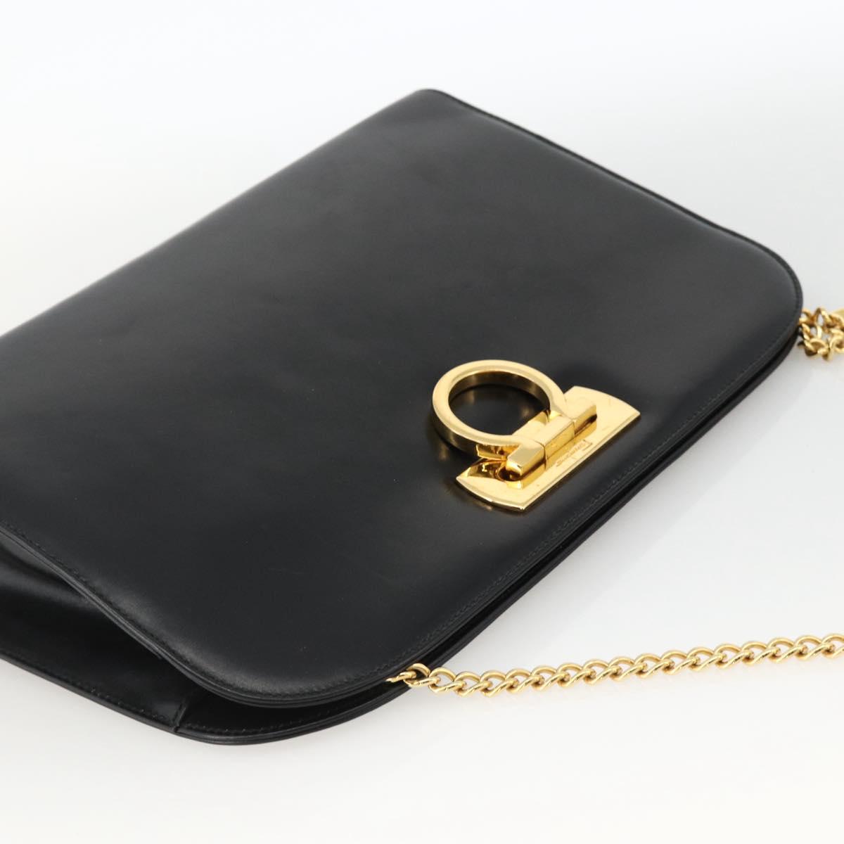 Salvatore Ferragamo Gancini Chain Shoulder Bag Leather Black Gold Auth BAZ418