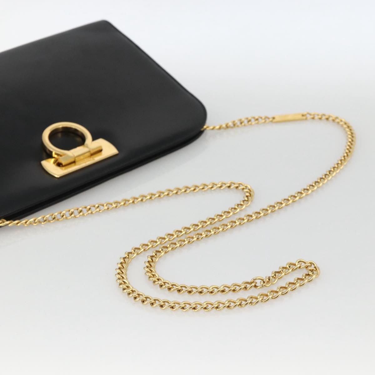 Salvatore Ferragamo Gancini Chain Shoulder Bag Leather Black Gold Auth BAZ418