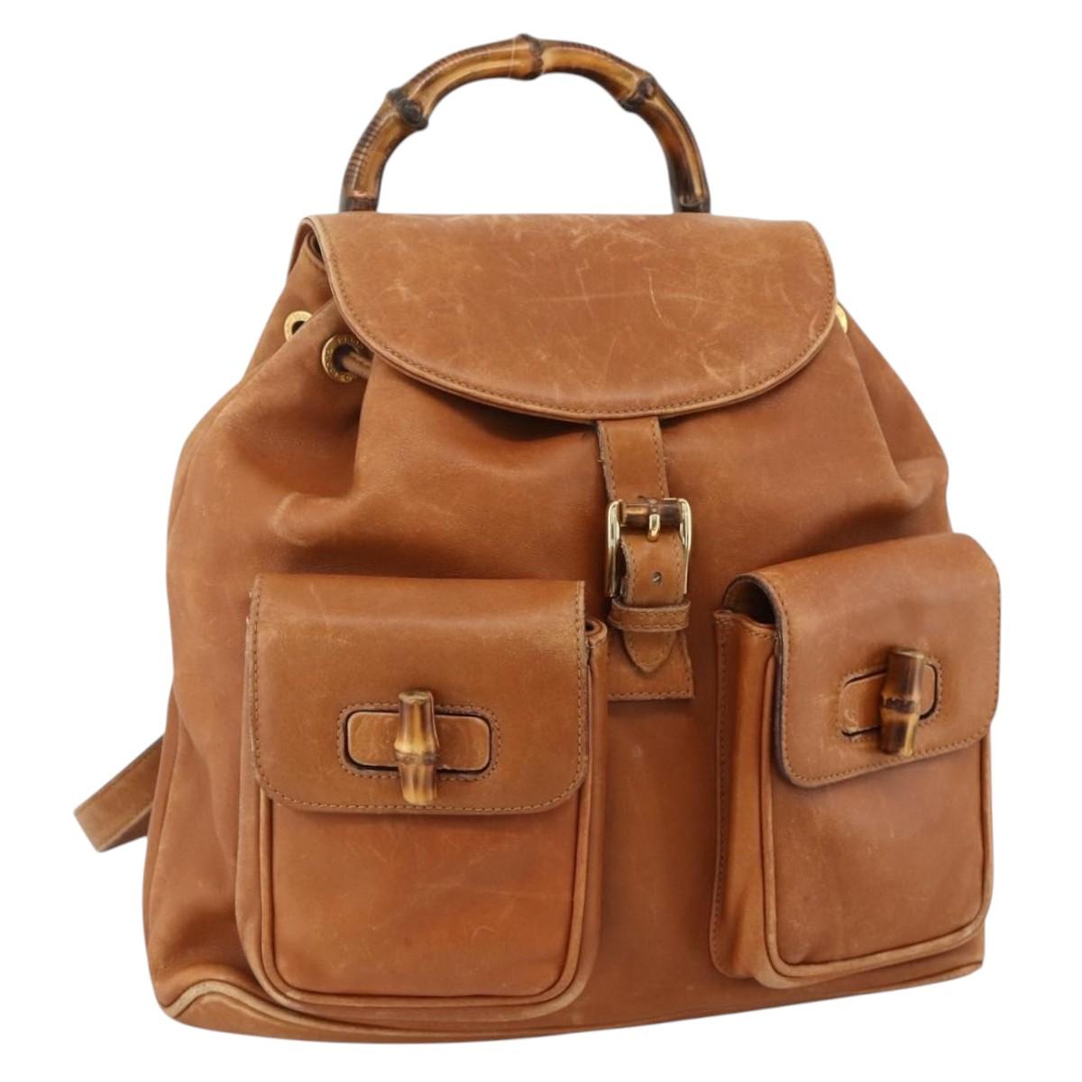 GUCCI Bamboo Backpack Leather Brown Gold 003.58.0016 Auth BAZ426
