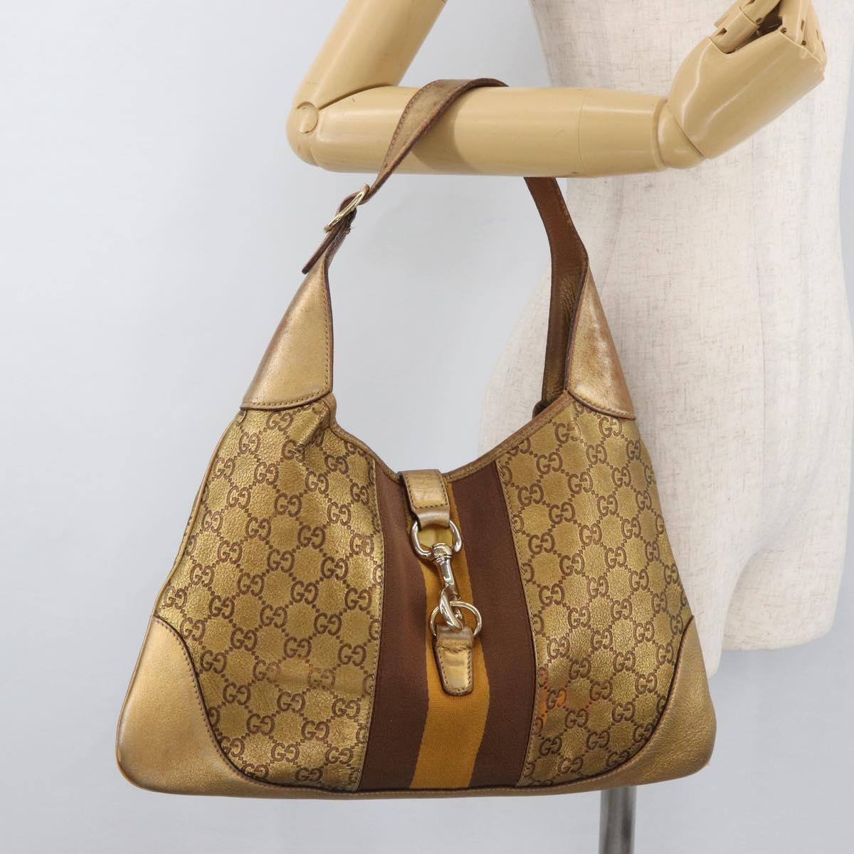 GUCCI GG Canvas Guccissima Sherry Line Bag Leather Gold 153029 Auth BAZ429