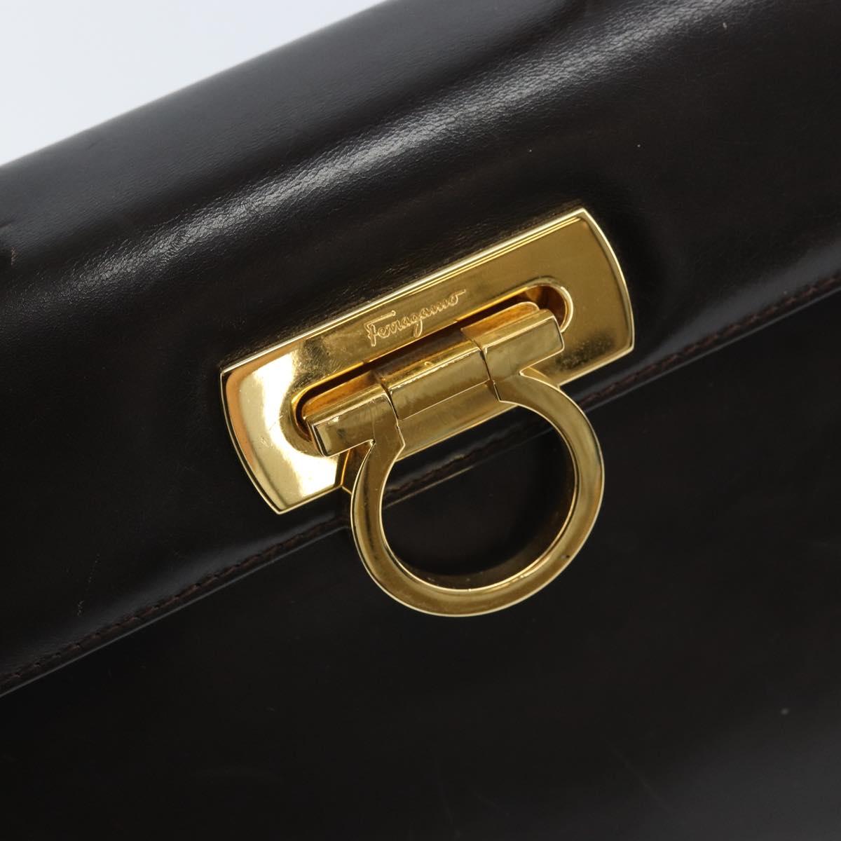 Salvatore Ferragamo Gancini Hand Bag Leather 2way Dark Brown Gold Auth BAZ434