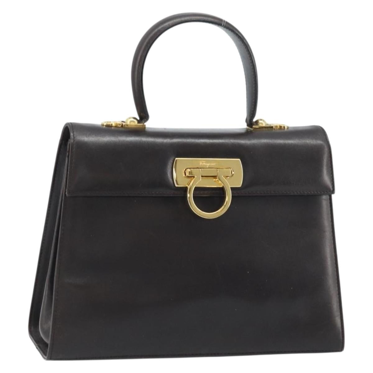 Salvatore Ferragamo Gancini Hand Bag Leather 2way Dark Brown Gold Auth BAZ434