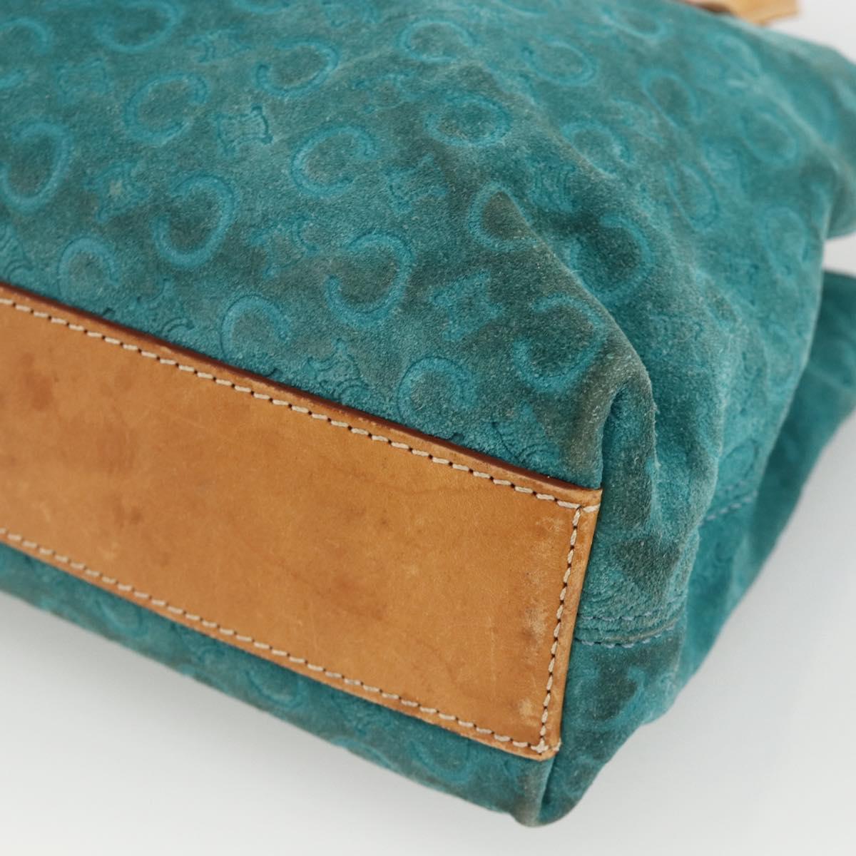 CELINE C Macadam Canvas Hand Bag Suede Turquoise Blue Silver Auth BAZ446
