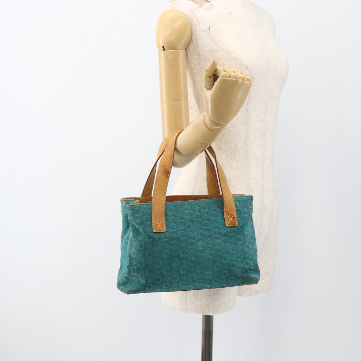 CELINE C Macadam Canvas Hand Bag Suede Turquoise Blue Silver Auth BAZ446