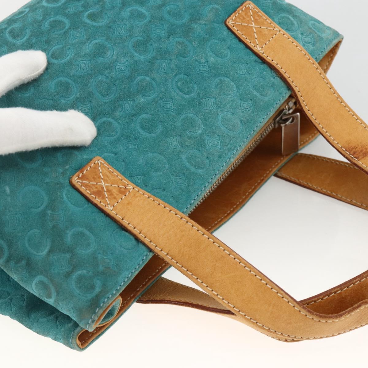 CELINE C Macadam Canvas Hand Bag Suede Turquoise Blue Silver Auth BAZ446