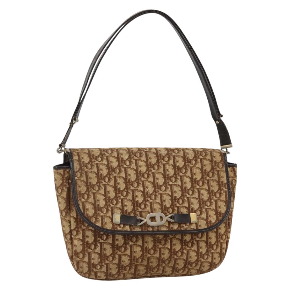 Christian Dior Trotter Canvas Shoulder Bag Beige Gold Auth BAZ447