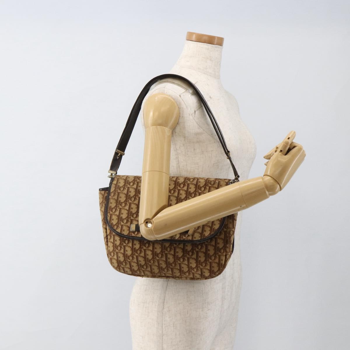 Christian Dior Trotter Canvas Shoulder Bag Beige Gold Auth BAZ447