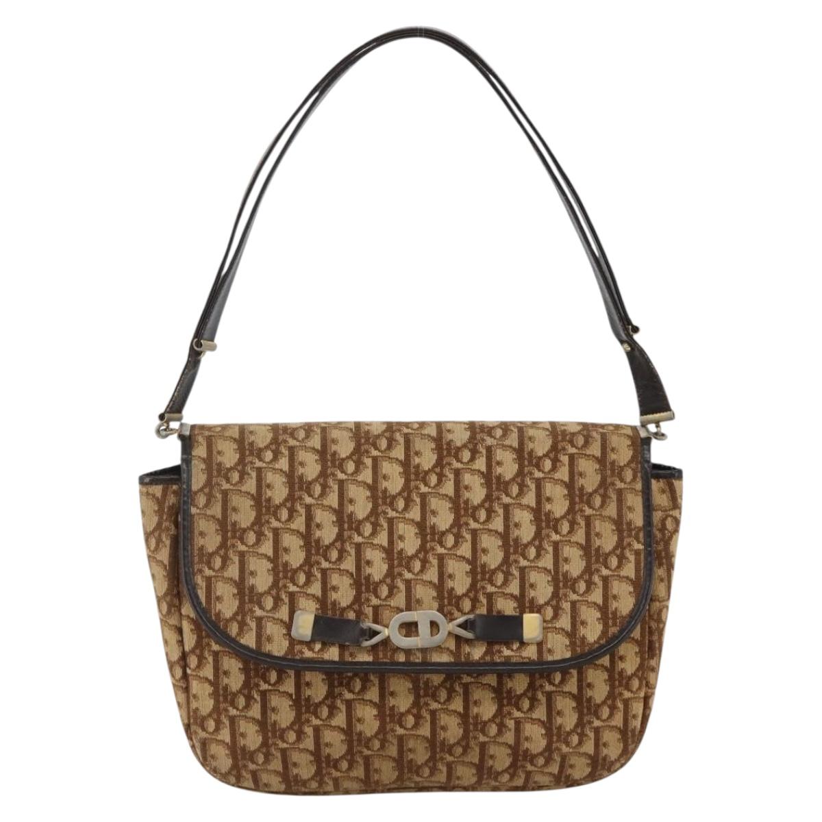Christian Dior Trotter Canvas Shoulder Bag Beige Gold Auth BAZ447