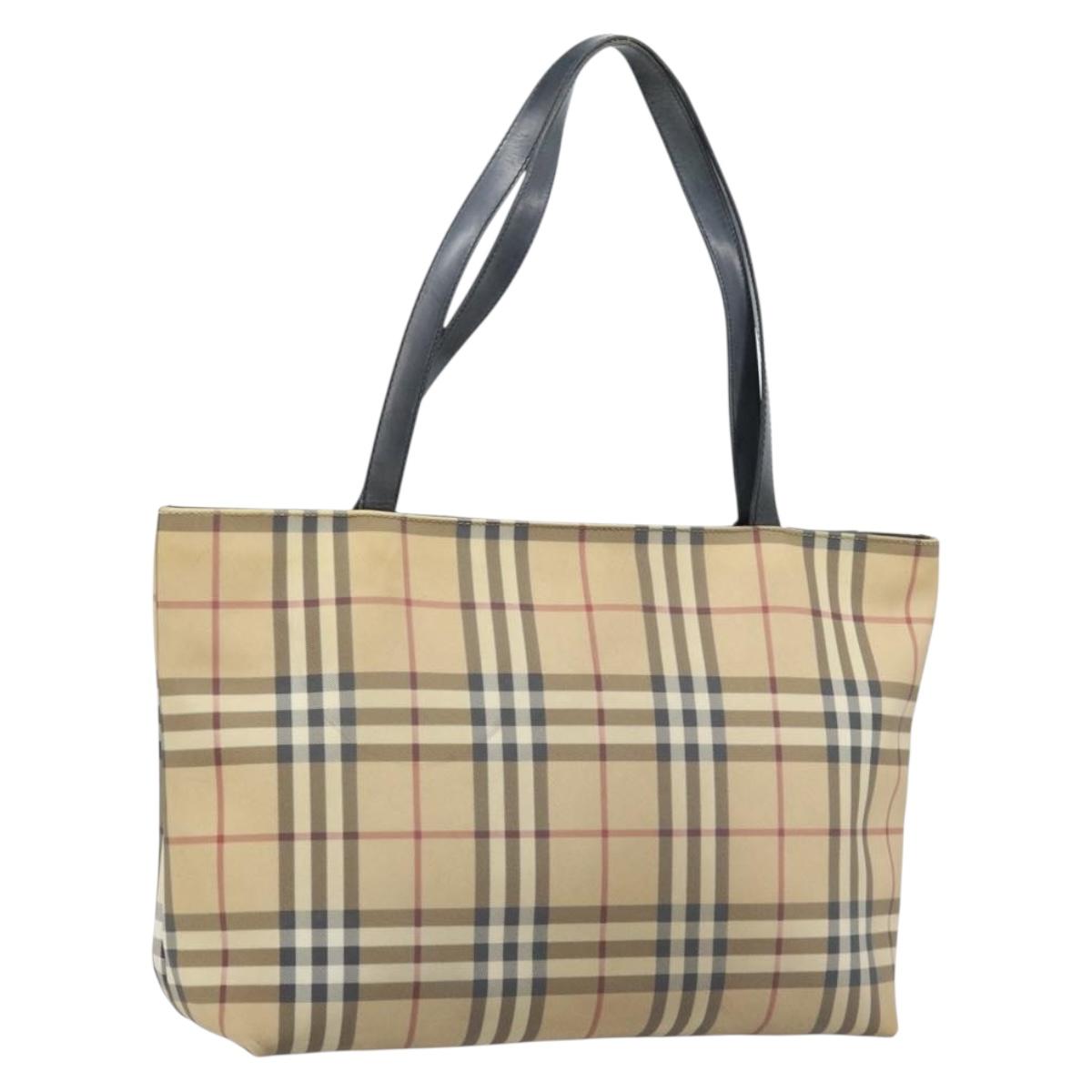 BURBERRY Nova Check Tote Bag PVC Leather Beige Silver Auth BAZ452