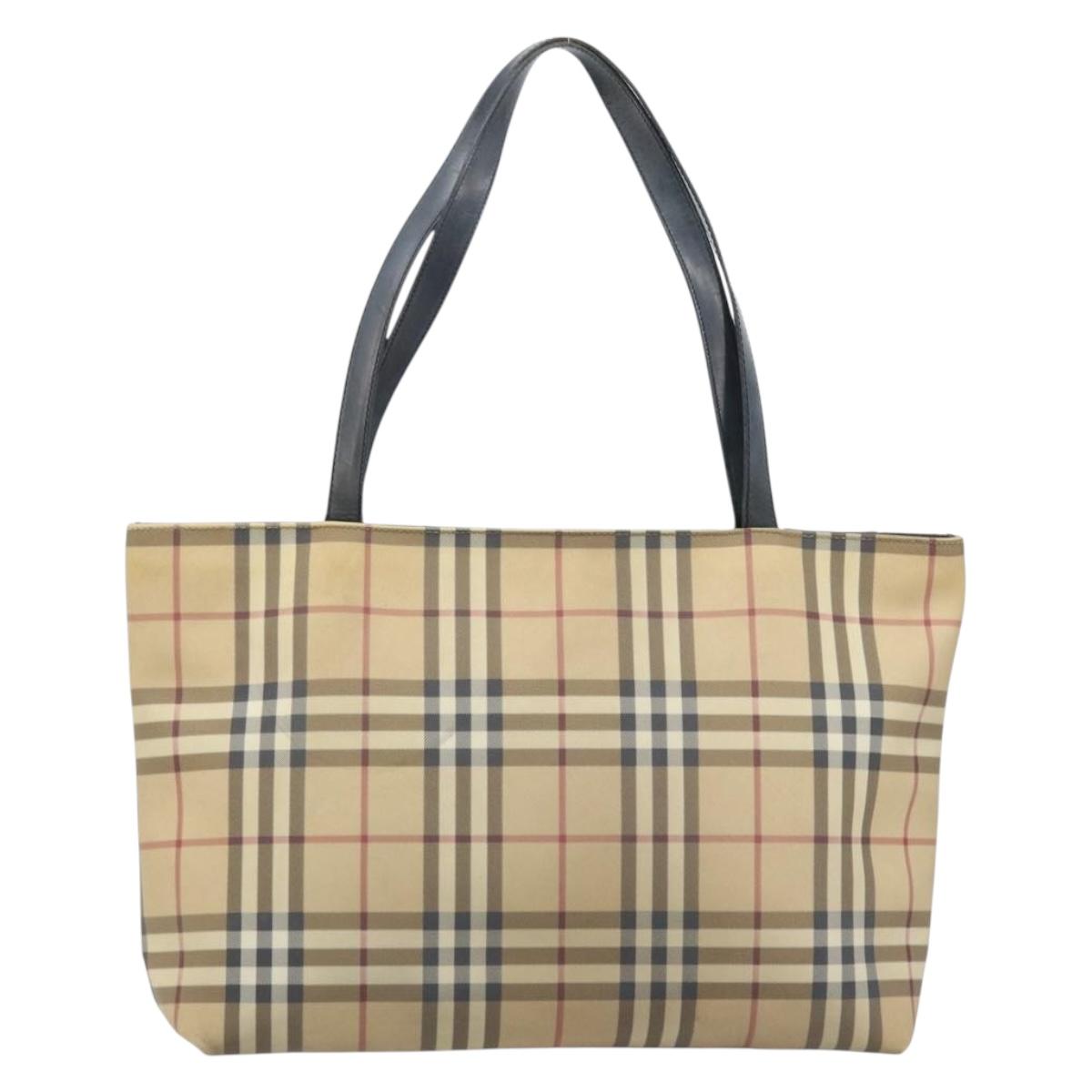 BURBERRY Nova Check Tote Bag PVC Leather Beige Silver Auth BAZ452