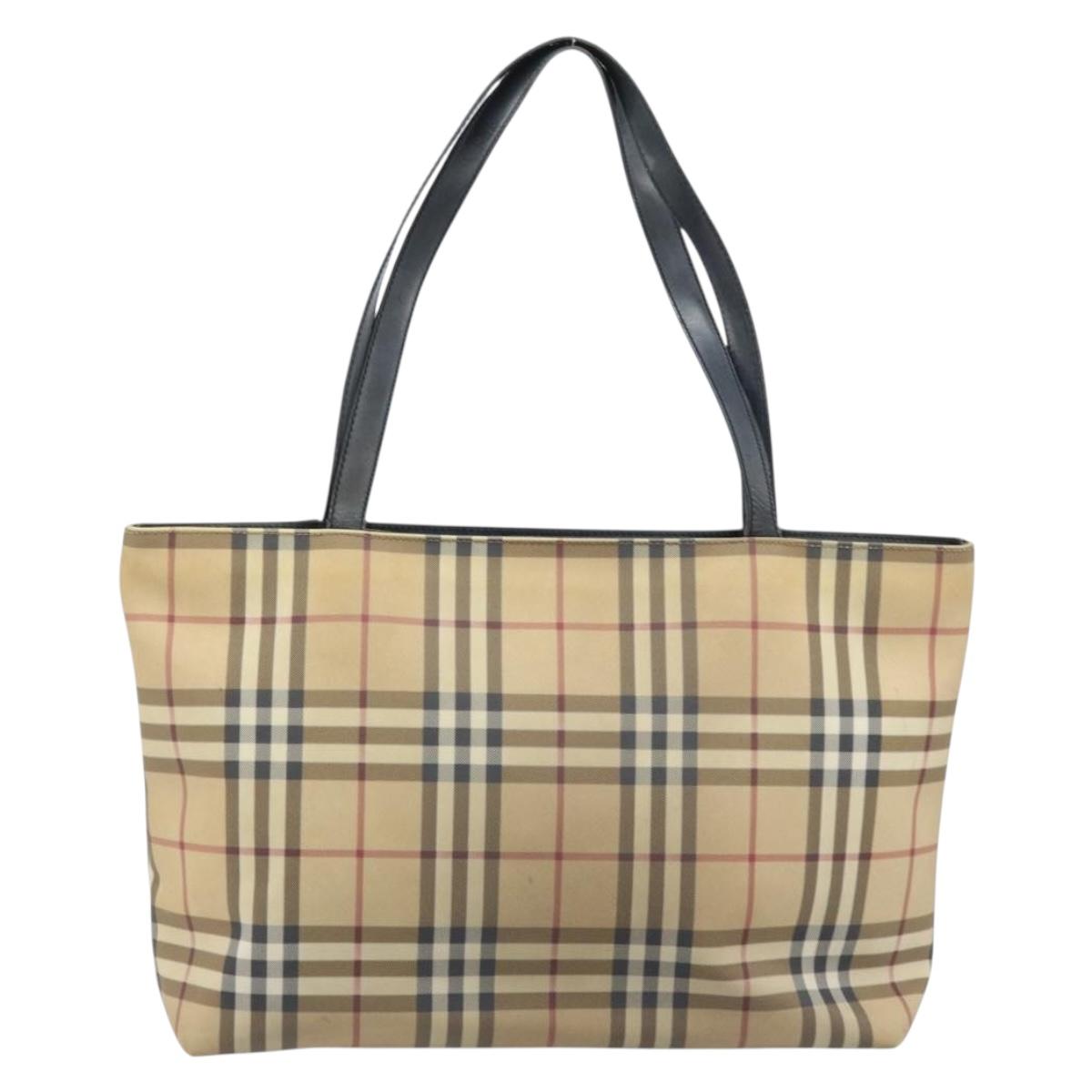 BURBERRY Nova Check Tote Bag PVC Leather Beige Silver Auth BAZ452