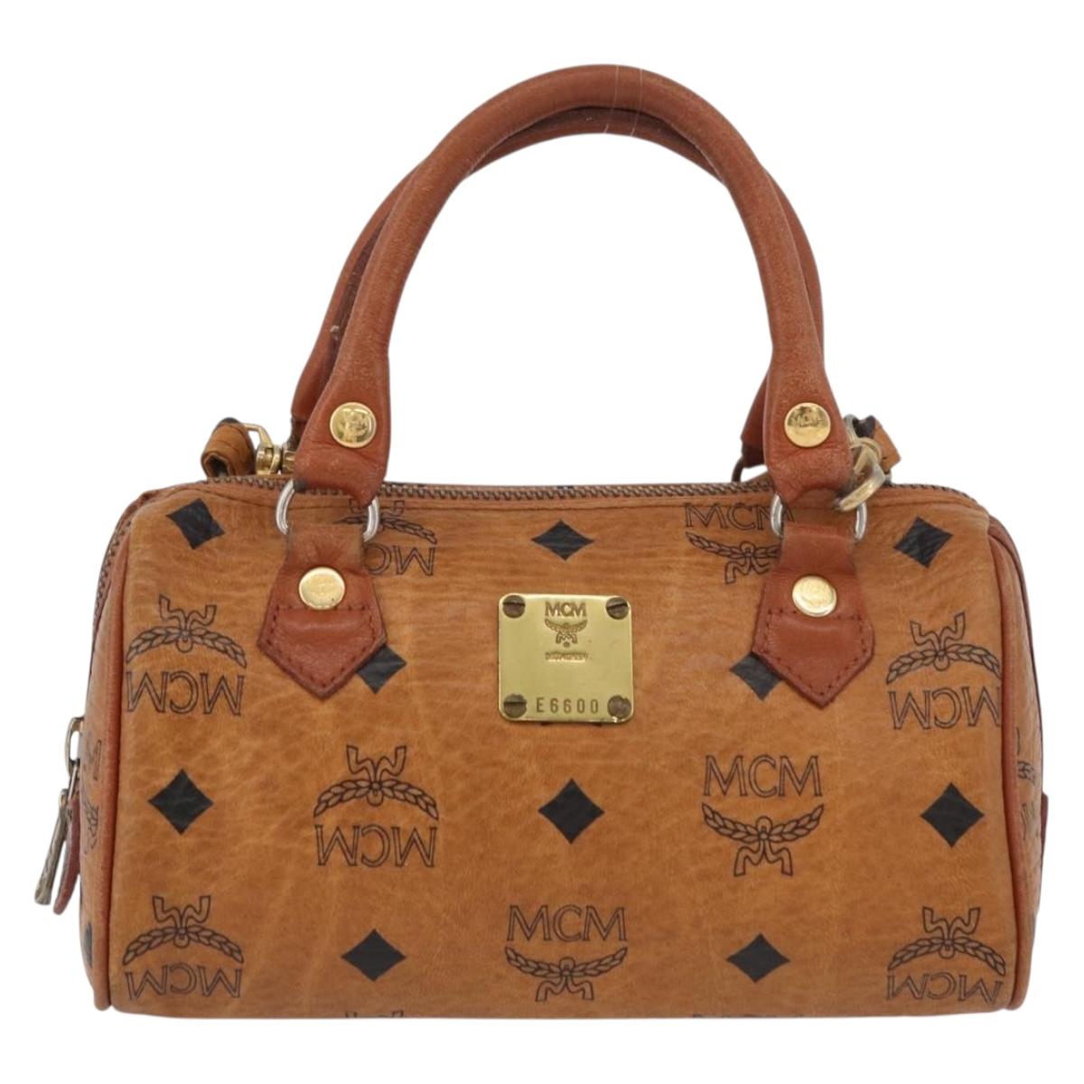 MCM Vicetos Mini Logogram Boston Bag PVC Leather 2way Brown Gold Auth BAZ463