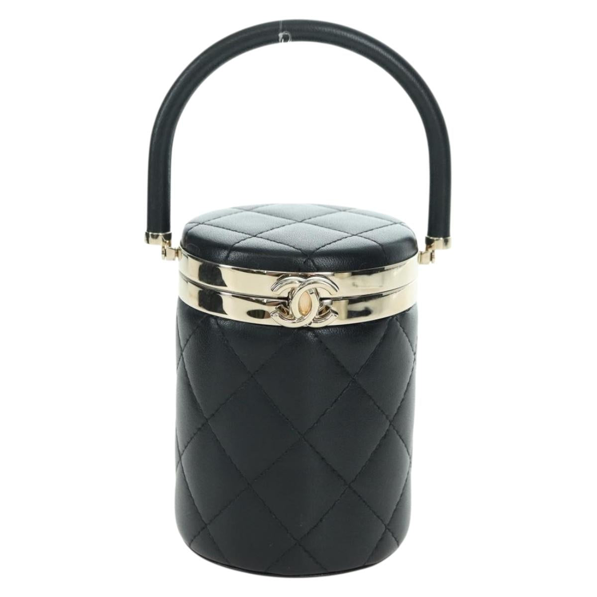 CHANEL Matelasse Vanity Hand Bag Lamb Skin Black Gold CC Auth BAZ464SAM