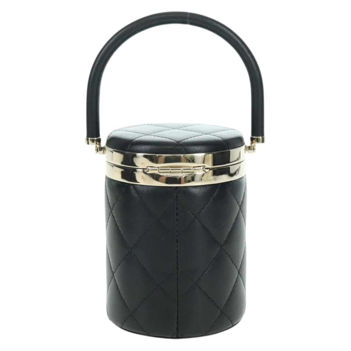 CHANEL Matelasse Vanity Hand Bag Lamb Skin Black Gold CC Auth BAZ464SAM