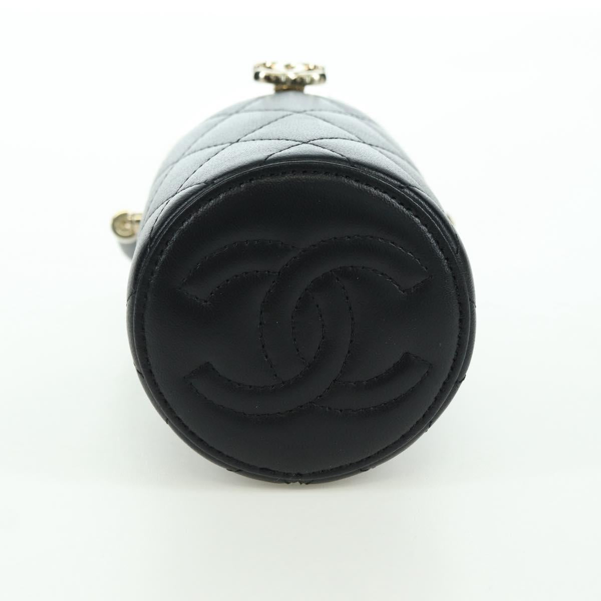 CHANEL Matelasse Vanity Hand Bag Lamb Skin Black Gold CC Auth BAZ464SAM